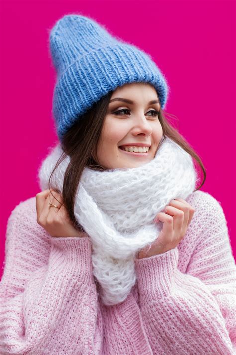 4k Winter Gray Background Face Smile Winter Hat Scarf Teeth Hd