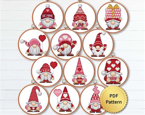 set of 12 funny love gnomes cross stitch pattern easy cute valentine s day ornaments embroidery