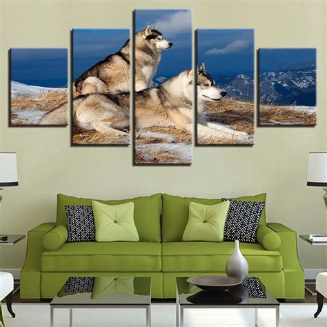 Hd Print Wall Art Modern Canvas 5 Pieces Animal Wolf Couple Scenery