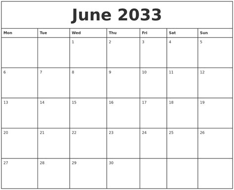 June 2033 Printable Monthly Calendar