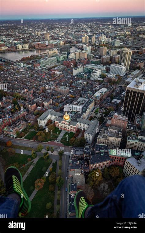 Boston Aerial Views Of City Buildings From Helicopter At Sunrise Stock