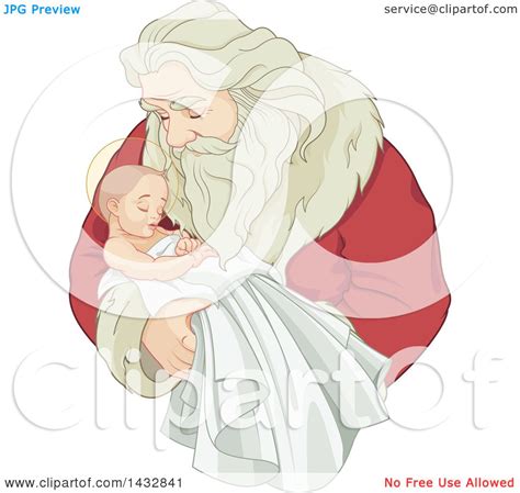 Clipart Of A Christmas Santa Claus Holding Baby Jesus Royalty Free