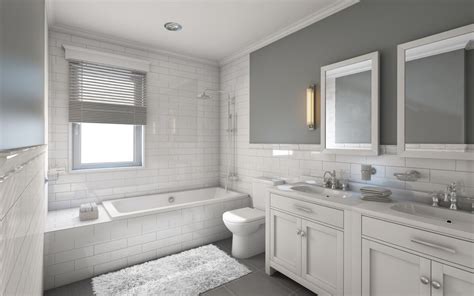 This grey and white master bathroom uses a darker floor tile to visually anchor light walls. 17 Classic Gray and White Bathrooms