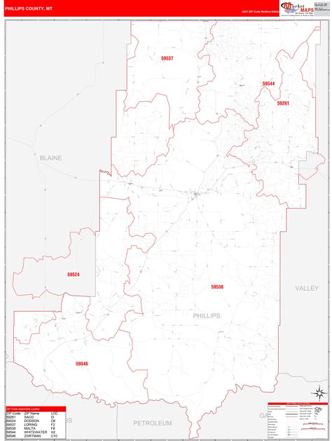 Phillips County Mt Zip Code Wall Map Red Line Style By Marketmaps