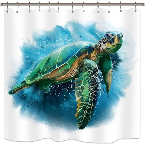 Sea Turtle Shower Curtain Set Ocean Animal Blue Sea Turtle Painting