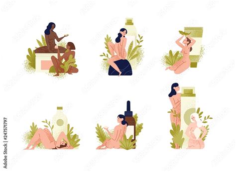 Vetor De Set Of Promotional Compositions With Beautiful Babe Naked Women Exotic Leaves And