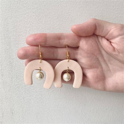 Pale Pink Polymer Clay And Pearl Bead Statement Earrings Etsy