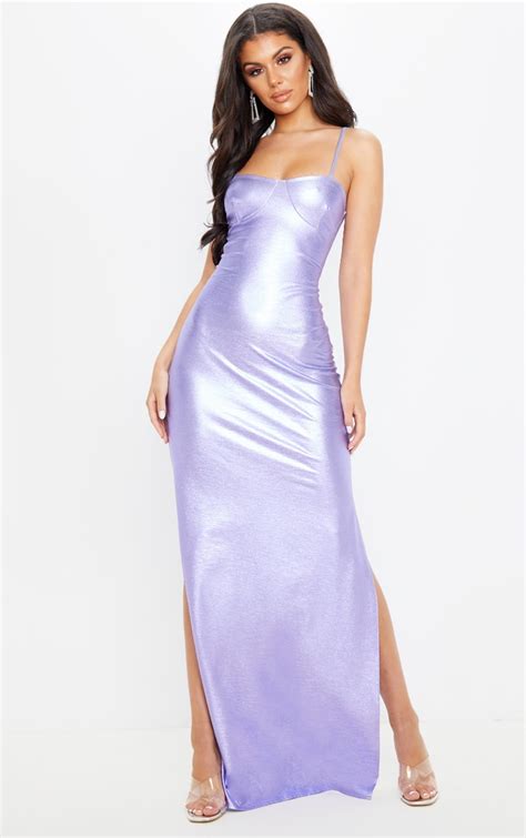 Lilac Metallic Strappy Maxi Dress Dresses Prettylittlething Ie