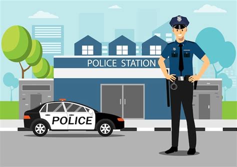 Policeman With Police Car In Front Of Police Station Vector Premium