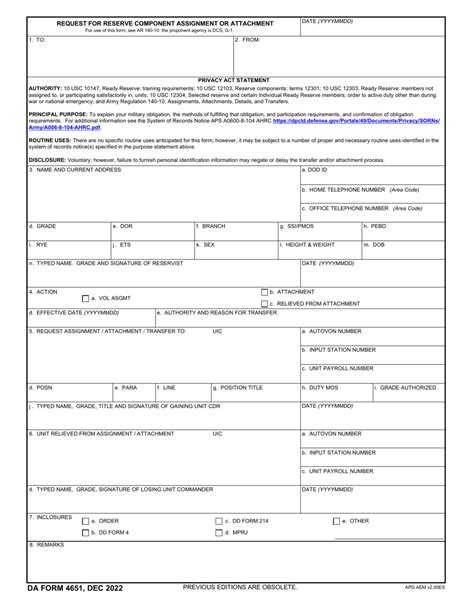 DA Form Download Fillable PDF Or Fill Online Request For Reserve Component Assignment Or