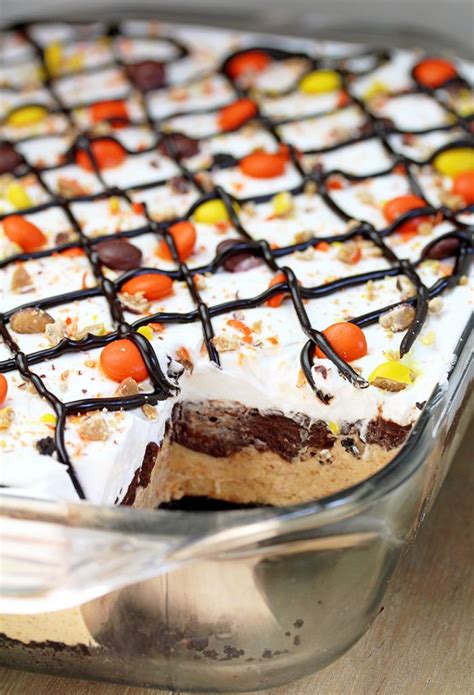 Milky way™ chocolate lasagna dessert. Reese's Pieces Peanut Butter Chocolate Lasagna | Recipe ...