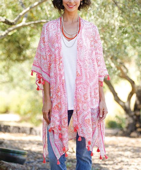 Pink Mosaic Tassel Accent Cover Up Women Kimono Beach Cover Up