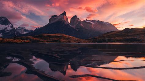 Wallpaper Patagonia Beautiful Landscape Mountains Lake Red Sky