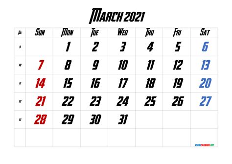 Free Printable March 2021 Calendar Template M21avengeance4