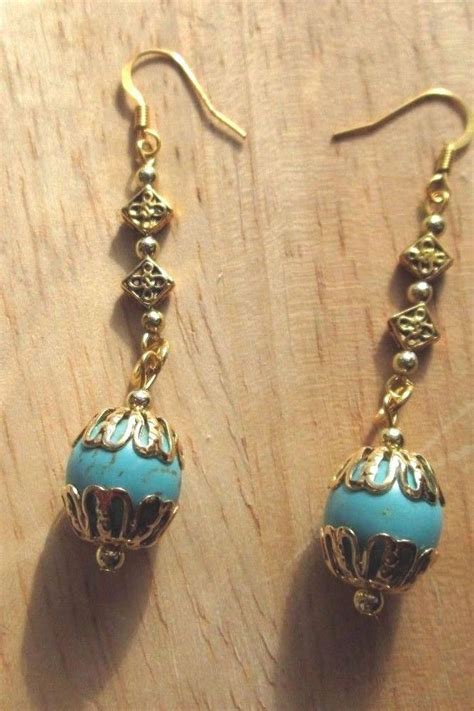 Turquoise Blue Gemstone Gold Plated Filigree Dangle Handmade Earrings
