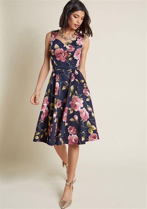 Measured Magnificence Fit And Flare Dress In Navy Floral What Are
