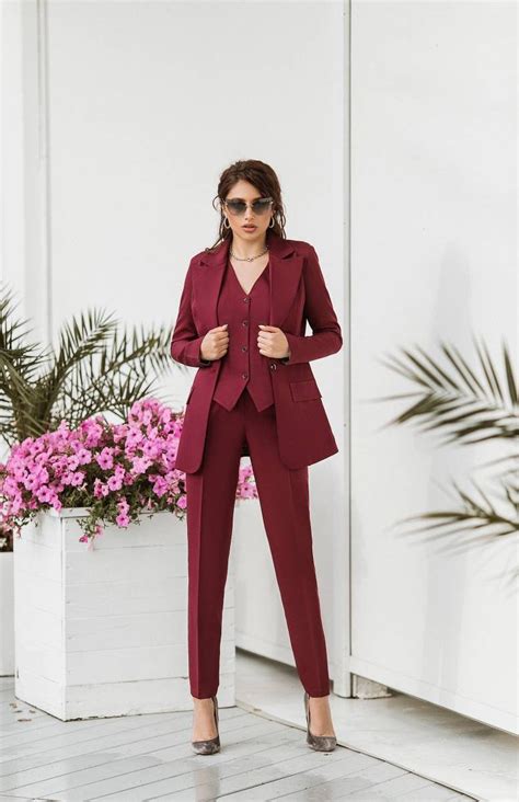 Burgundy Womens Blazer Suit Office Women 3 Piece Suit With Etsy