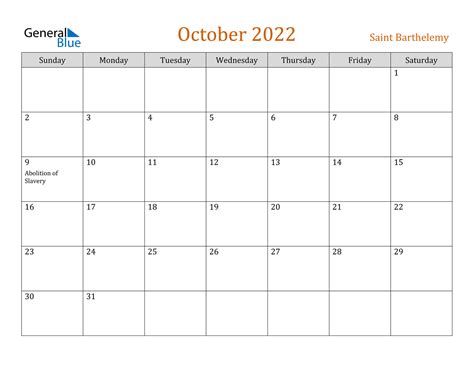 October 2022 Calendar Saint Barthelemy