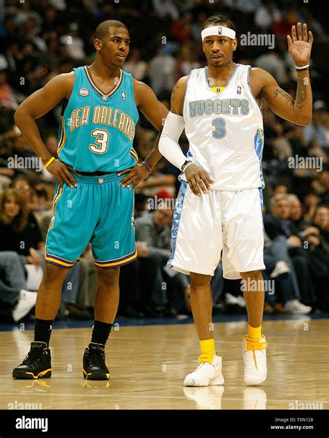 new orleans oklahoma city hornets guard chris paul l and denver nuggets guard allen iverson r