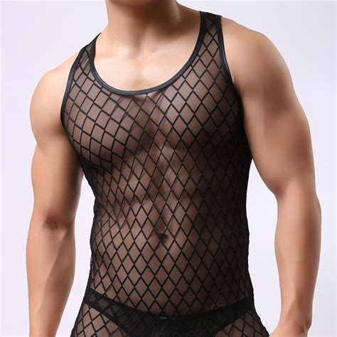 Wh Brand New Men Sexy Mesh Plaid Transparent Tank Tops Undershirts