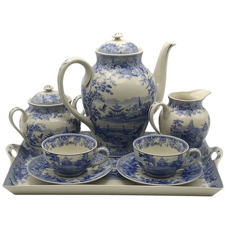 Pagoda Blue White Transferware Porcelain Tea Set With Tray