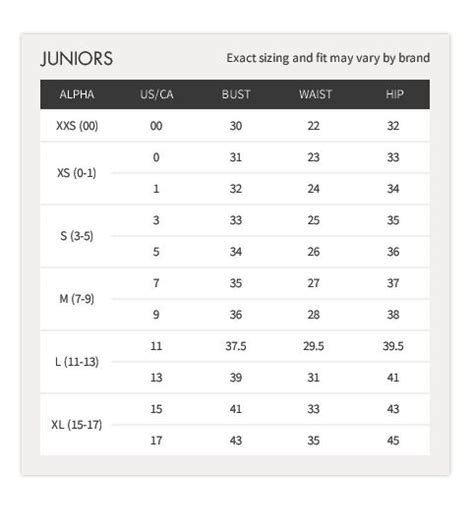 Junior Dress Size Chart