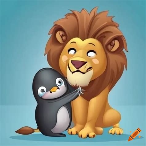 Cartoon Lion And Penguin Hugging