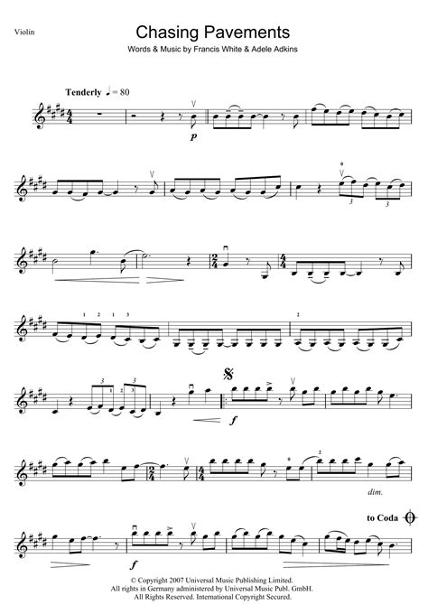 Chasing Pavements Sheet Music Adele Violin Solo