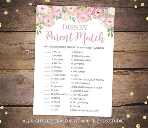 Disney Parent Match Game Printable Baby Shower Games Pink Etsy