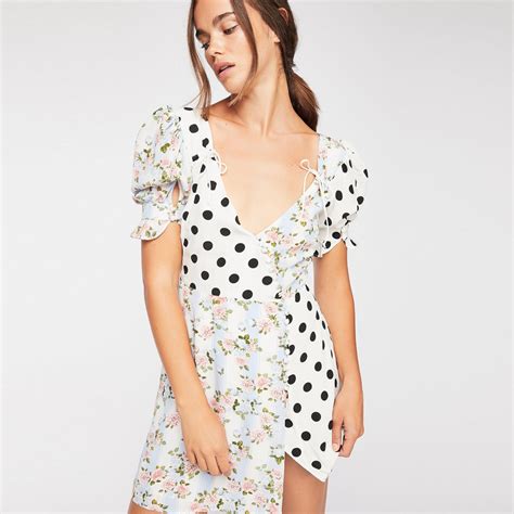 polka dot floral print mini dress women summer patchwork button up lantern short sleeve v neck