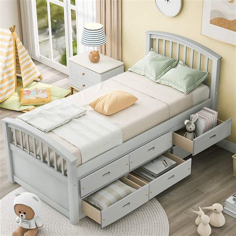 Virubi Twin Wooden Captain Bed With 6 Storage Drawers Gray