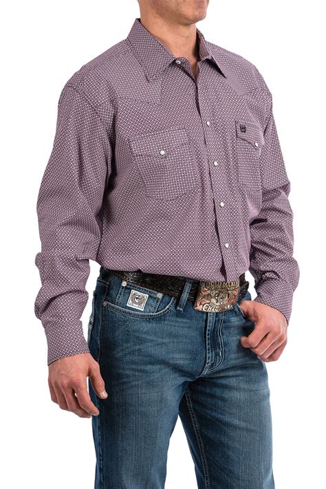Cinch Jeans Mens Purple And White Geometric Print Snap Front Western Shirt