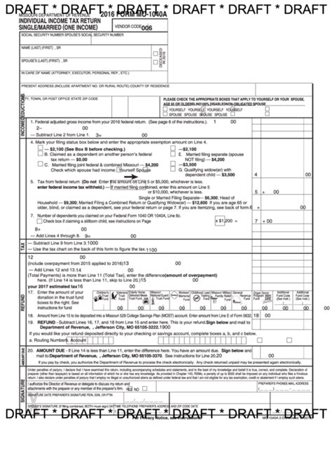 Form Mo 1040a Draft Individual Income Tax Return Singlemarried One