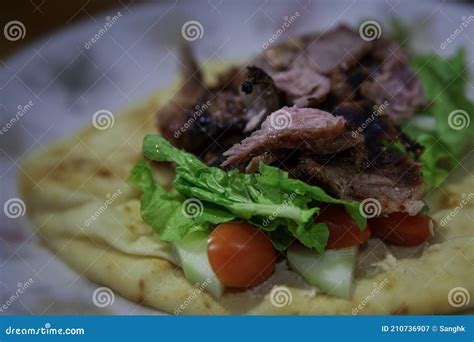 Greek Healthy Food Gyros Souvlaki Wrap With Roasted Beef Stock Image