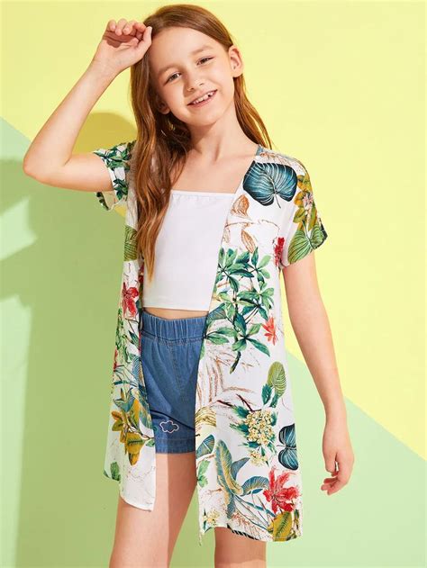 Girls Tropical Print Kimono Shein Kids Kimono Tropical Print