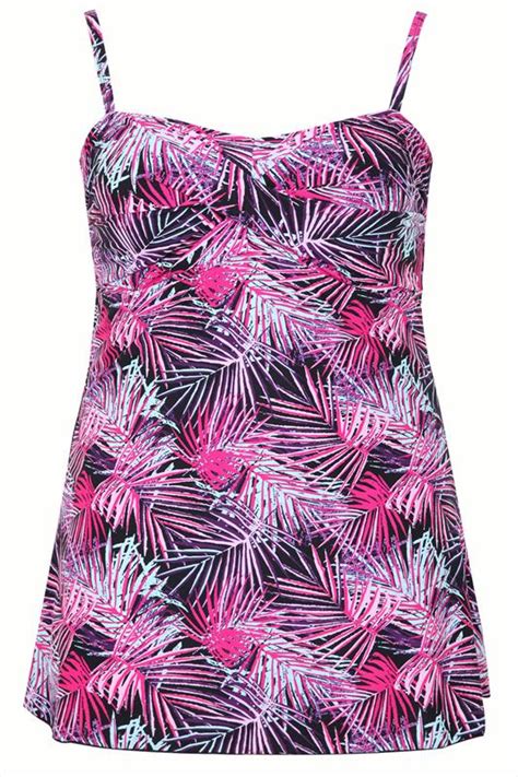 Black And Pink Multi Palm Tree Print Swimdress With Tummy Control Plus