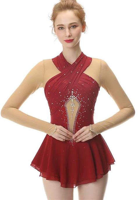 red figure skating dress long sleeved ice skating skirt fingerpoint sleeves spandex