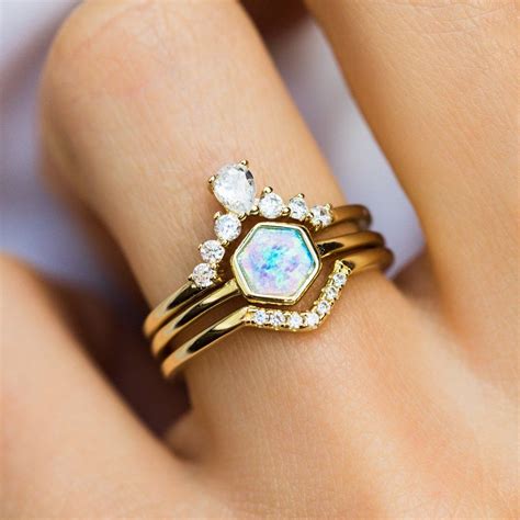 Hexagon Stacking Ring Set In Gold With Blue Opal Amethyst Ring