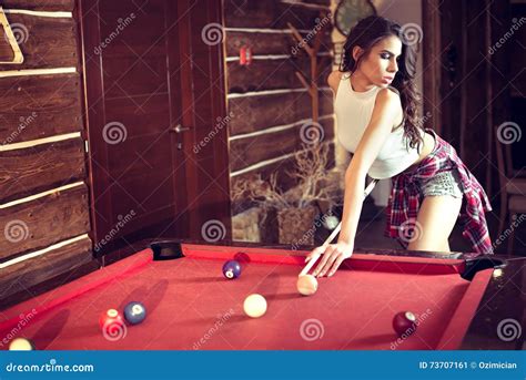 Pretty Brunette Girl Playing Billiard Indoors Stock Image Image Of
