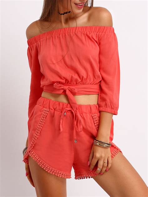 Shop Red Boat Neck Crop Top With Drawstring Shotrs Online Shein Offers