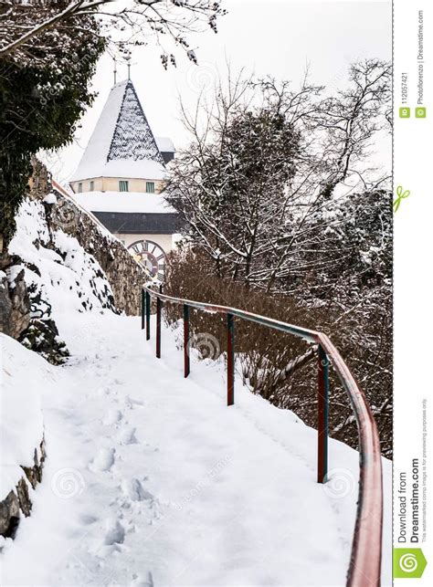 Path To Snow Covered Uhrturm Clocktower Landmark Of City Graz Stock