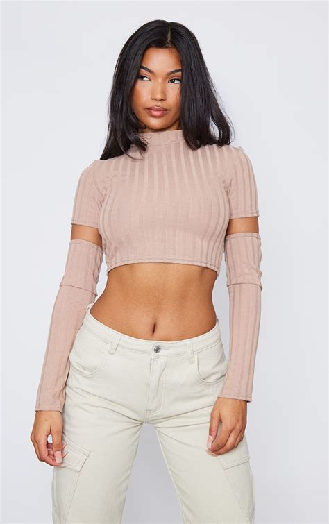 nude ribbed crop top with arm warmers tops prettylittlething