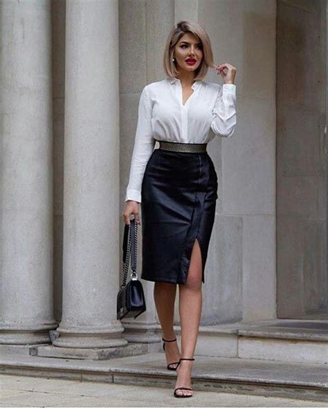 Smart Casual Black Leather Skirt Outfit Black Leather Skirt Outfits