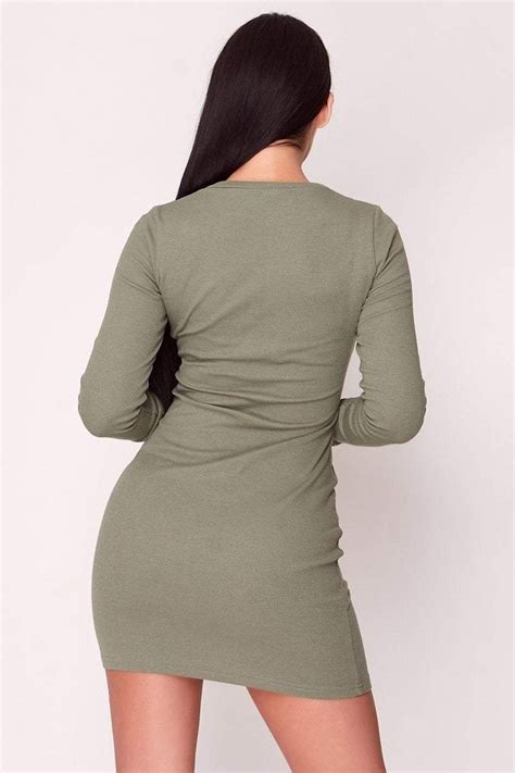 Khaki Ribbed Zip Front Bodycon Dress Shopperboard