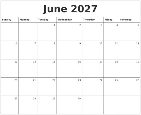 June 2027 Monthly Calendar