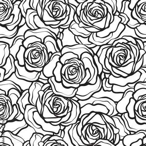Rose Flower Seamless Pattern Outline Black Roses On White Backg Stock