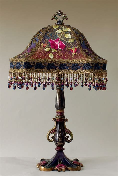 1920s Embroidered Silk Shade Lamp With Lace And Beads Vintage