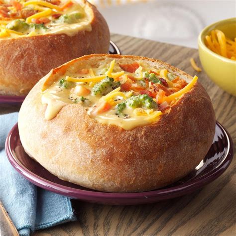 Cheesy Broccoli Soup In A Bread Bowl Recipe Taste Of Home
