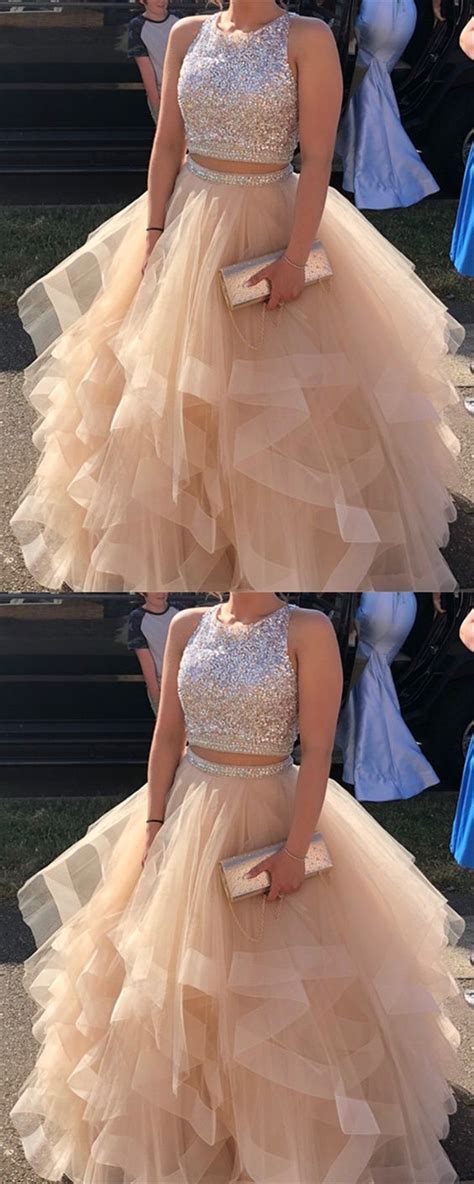 Sparkly Sequins Beaded Organza Layered Ball Gowns Prom Dresses Two