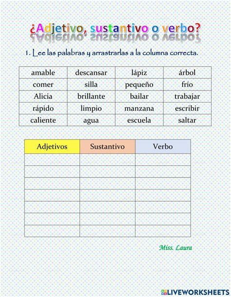 Adjetivos Sustantivos Y Verbos Interactive Worksheet Live Worksheets